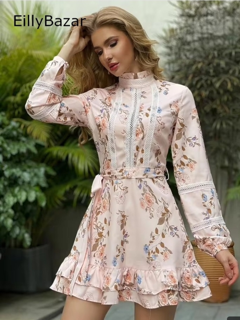 EillyBazar White Floral Long-Sleeve Ruffle Dress